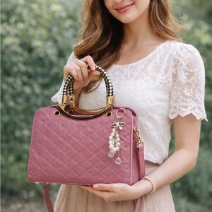 Elegant Quilted Pink Satchel Handbag with Pearl Bow Charm